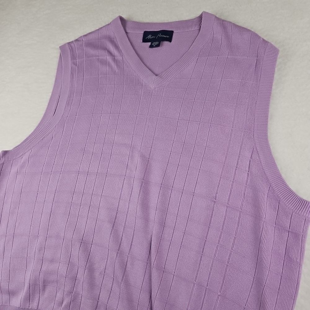 Alan Flusser 100% Silk Vest Sweater V Neck Purple Mens XL Golf Window Pane